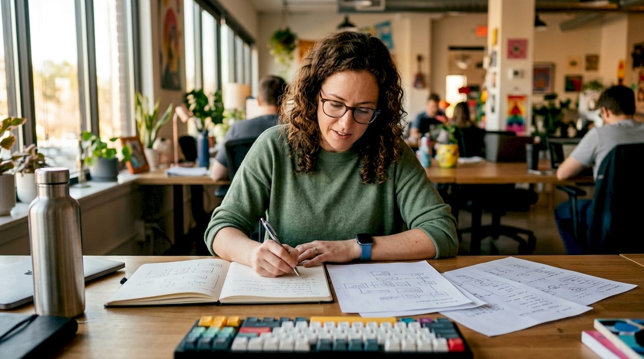Engineer reviewing LLMOps workflow checklist at desk