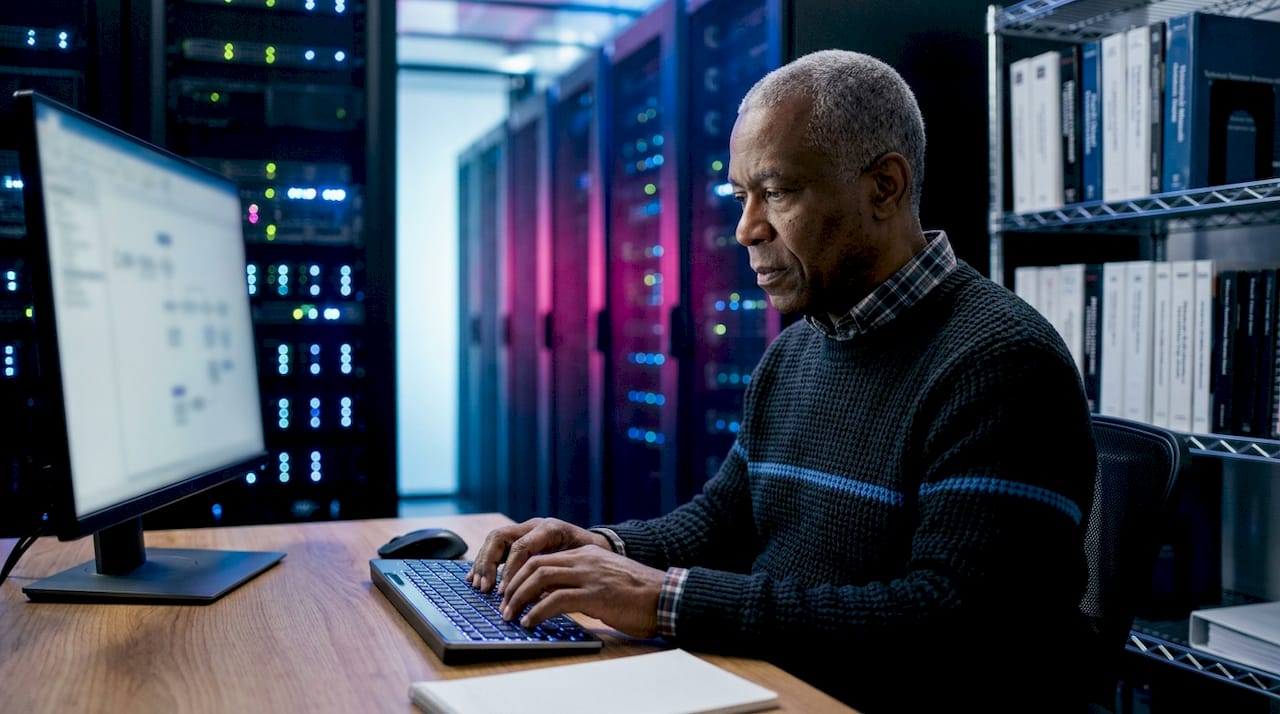 Engineer typing commands in server room