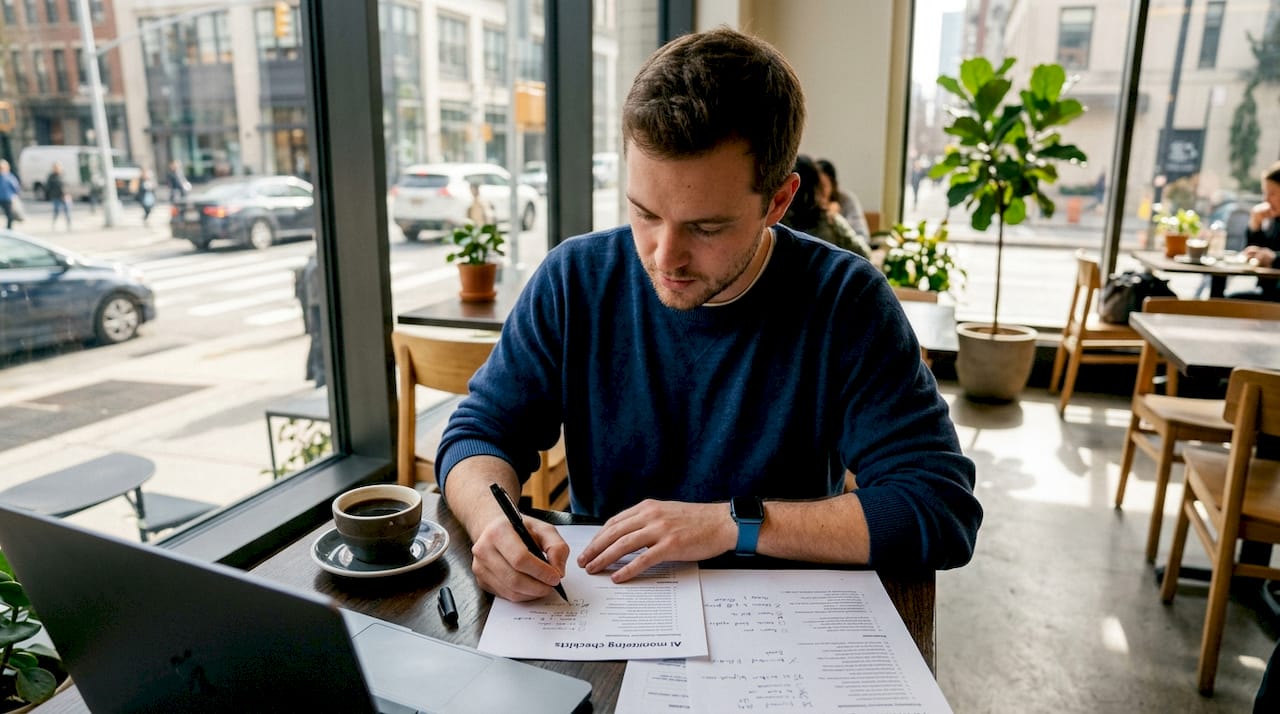 Engineer reviewing AI monitoring checklist paperwork