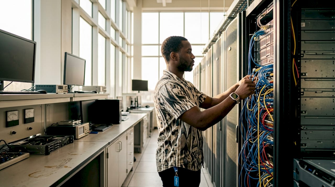 Hands working on AI infrastructure servers