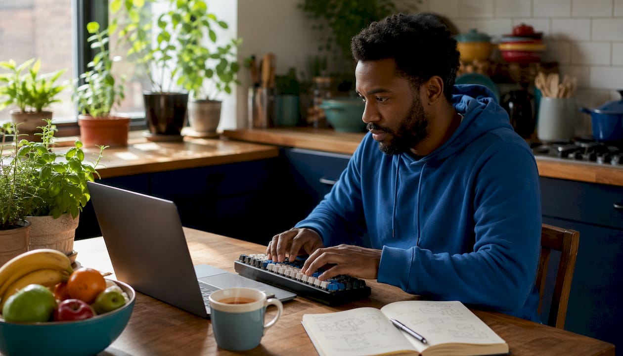 Engineer typing AI logging data on laptop keyboard