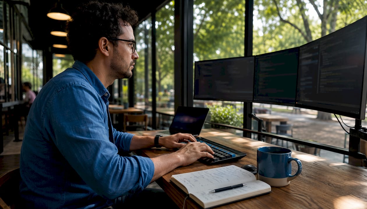 Engineer managing AI deployment at workstation