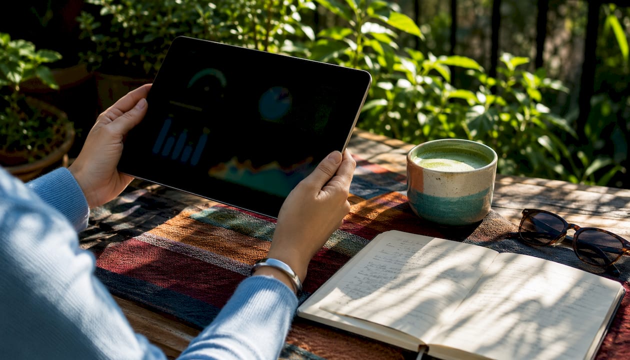 Hands holding tablet with statistical drift metrics