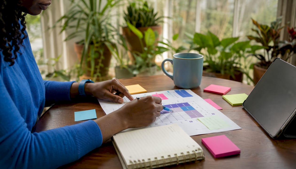 Hands annotating confusion matrix on desk