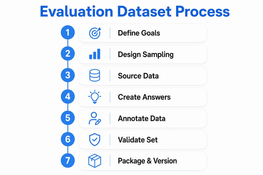 Infographic illustrating seven steps of evaluation dataset process