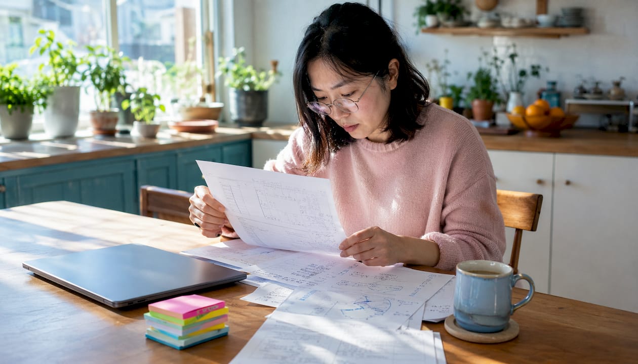 Data scientist reviewing AI agent benchmark printouts