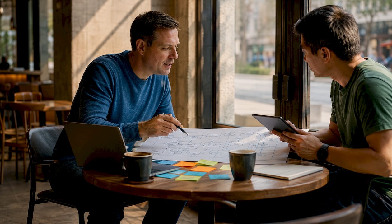 Two engineers discuss instrumentation patterns at whiteboard