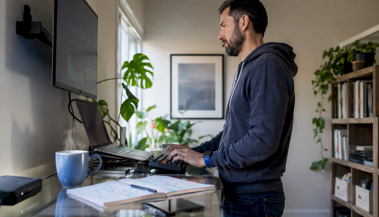 Engineer typing code at backend services workstation