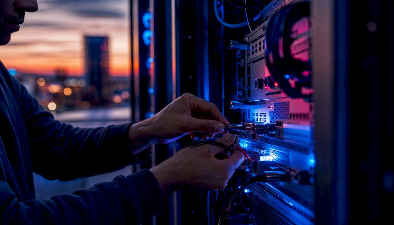 Hands wiring data center server rack