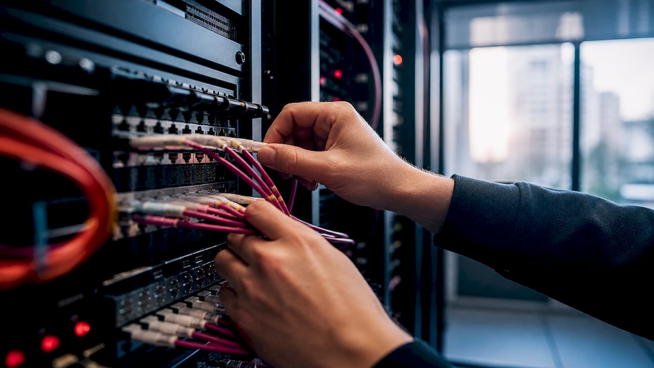 Hands connecting fiber-optic cables in server setup