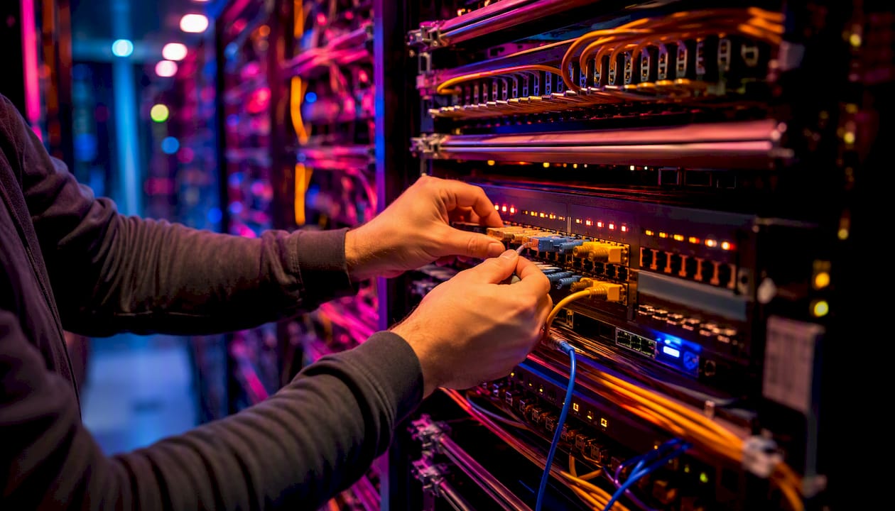 Hands connecting fiber optic cables in data center