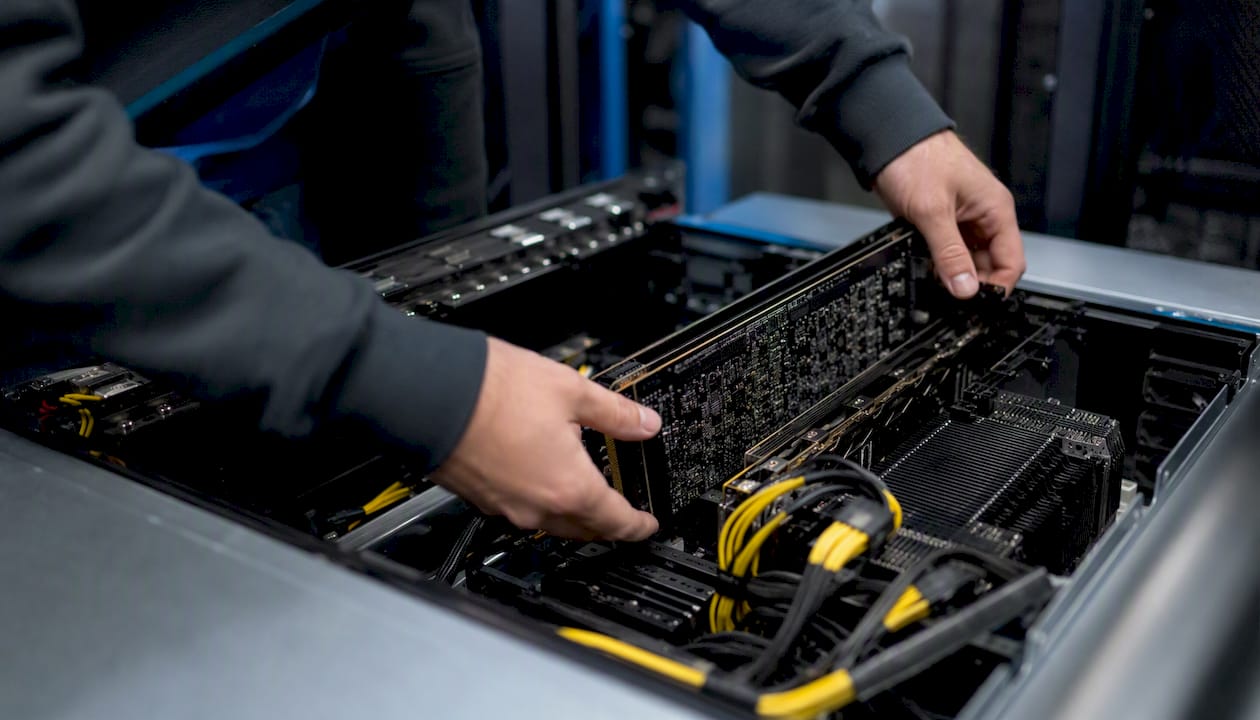 Hands wiring GPU inference cards in server