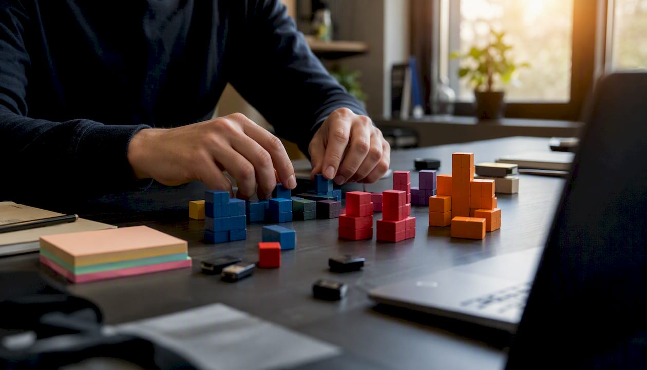 Hands manipulating data analogues on desk