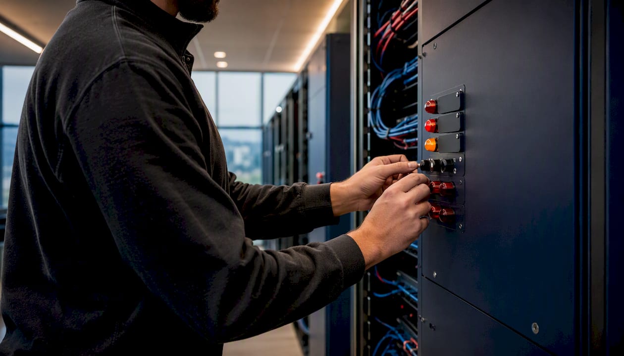 Hands adjusting physical alert system in server room