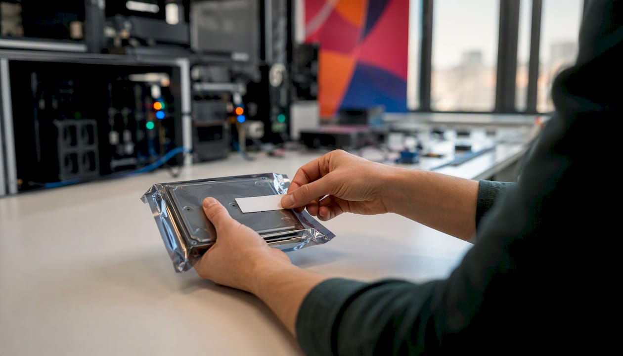 Hands tagging hardware drive representing model artifact