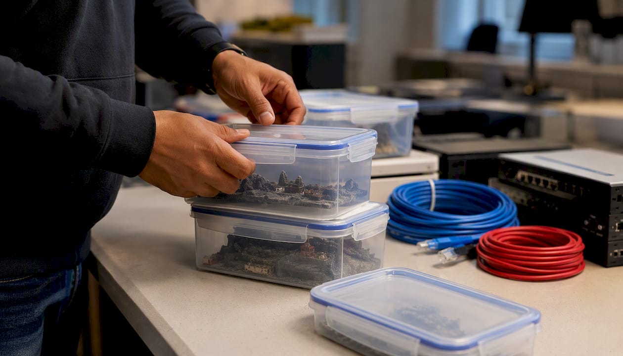 Hands preparing container images for deployment