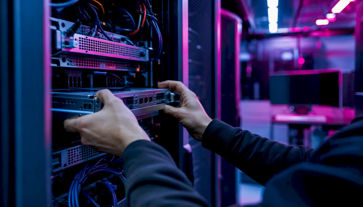 Hands connecting server components in data center