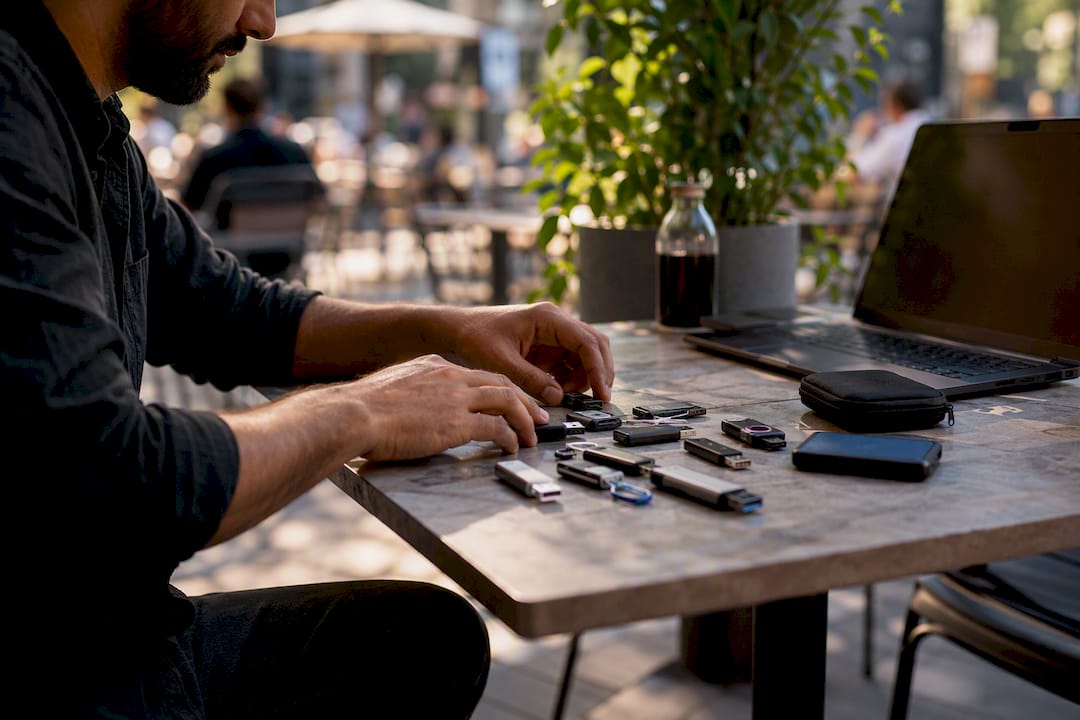 Hands organizing compliance documents and digital media
