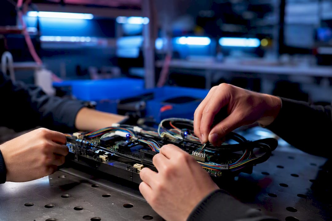 Hands configuring AI evaluation sandbox hardware