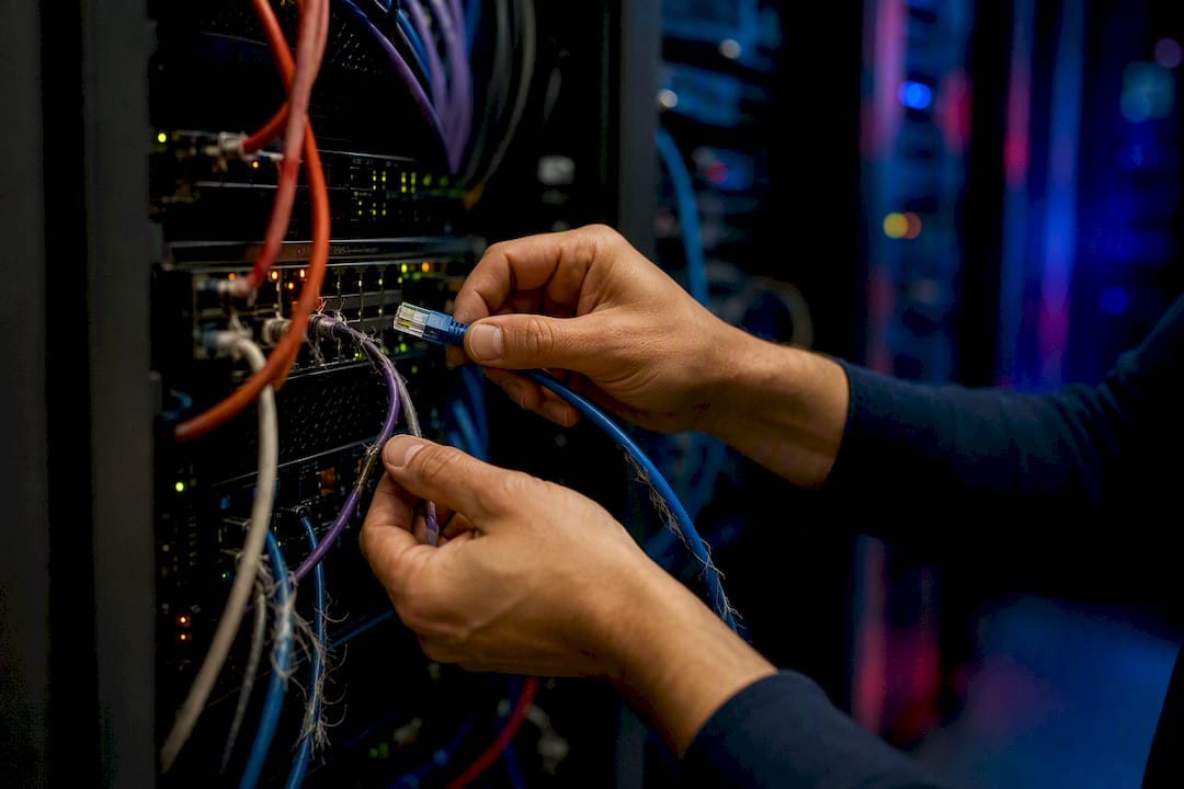 Hands swapping server cables in data rack