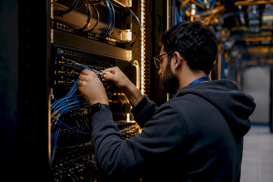 Hands adjusting sampling hardware on server rack