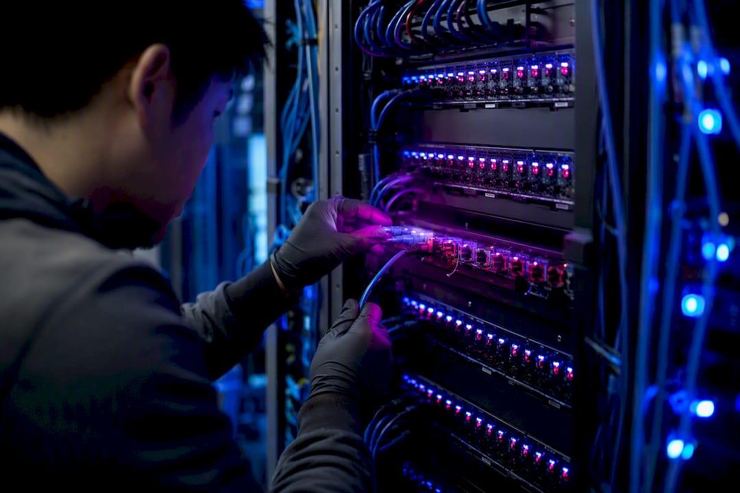 Hands connecting network cables in server rack