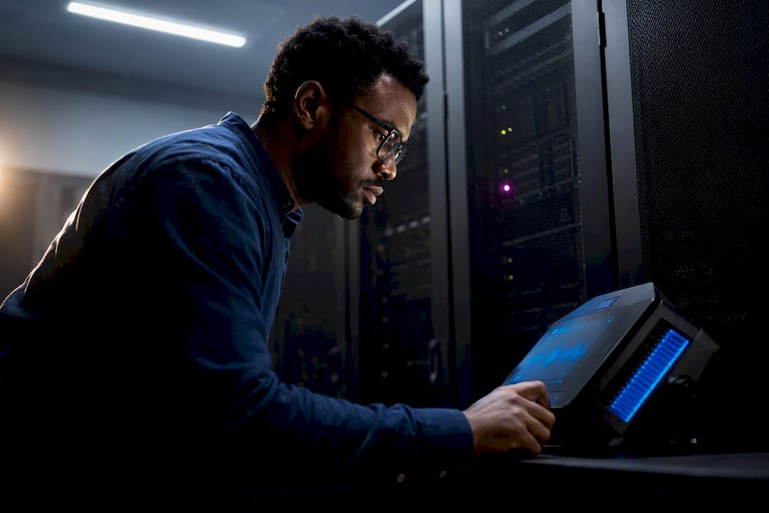 Engineer monitoring anonymous API gateway equipment