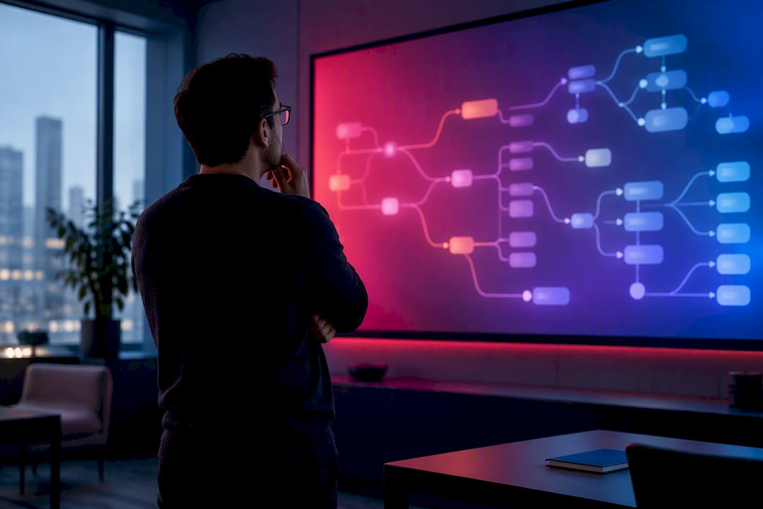 Engineer reviewing branching agent workflow traces