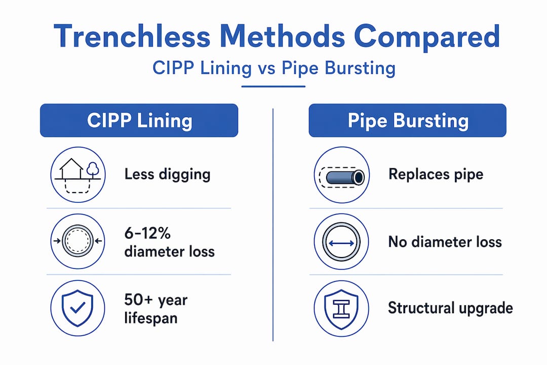 Infographic comparing CIPP lining and pipe bursting methods