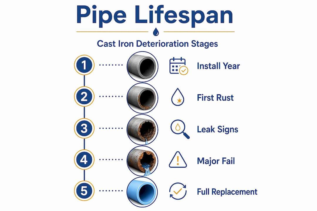 Infographic showing stages of cast iron pipe deterioration