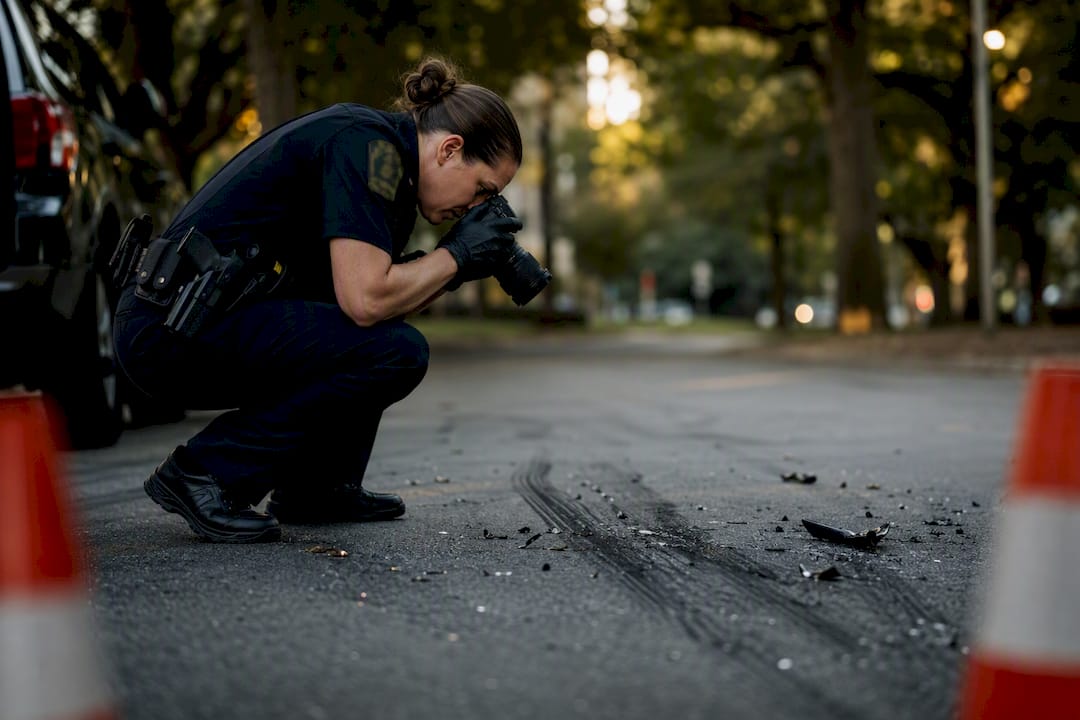 Police officer photographing accident evidence