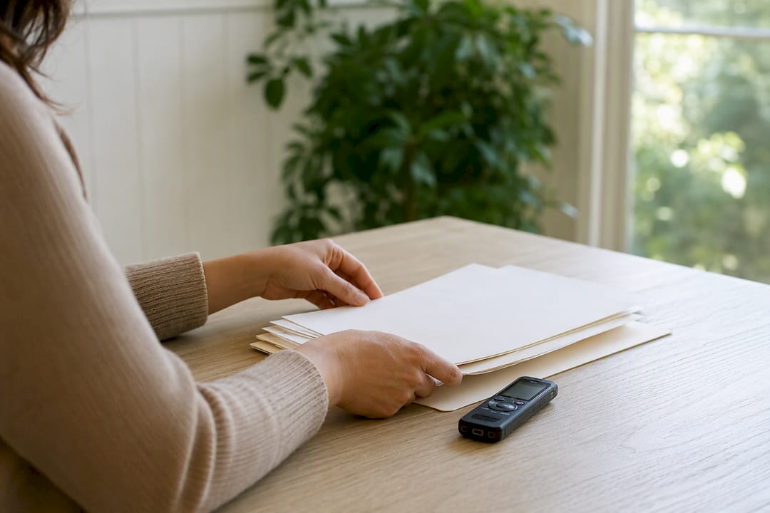 Hands placing recording devices on table