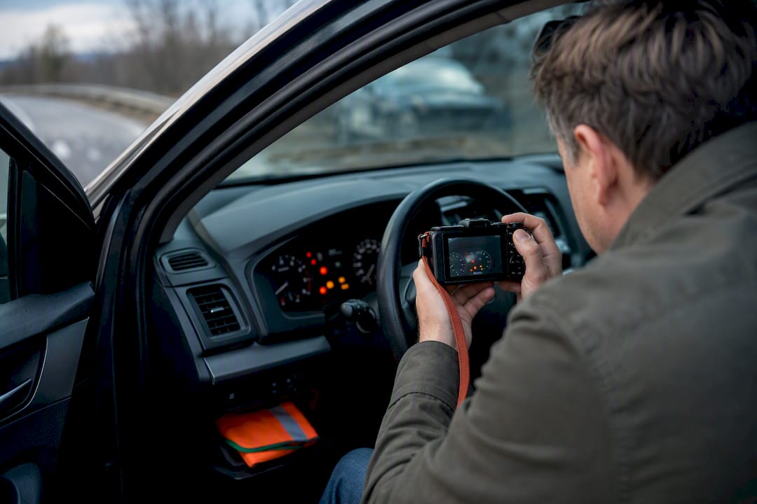 Driver photographing dashboard warning lights