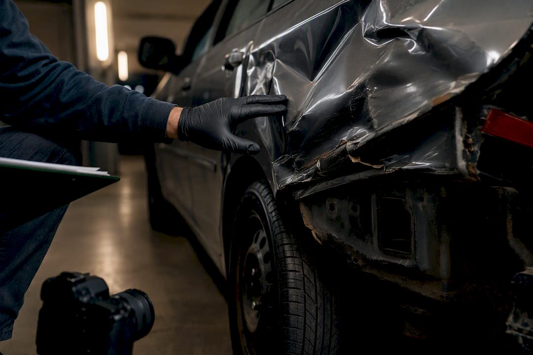 Collision-damaged vehicle during claim assessment