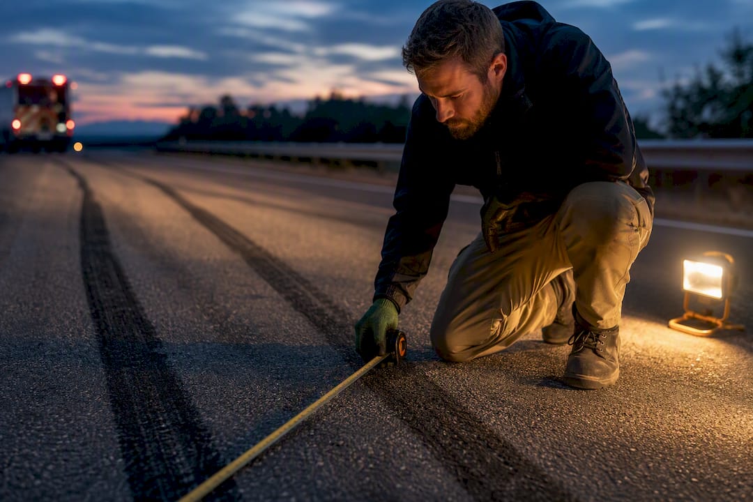 Accident reconstructionist measuring roadway skid marks