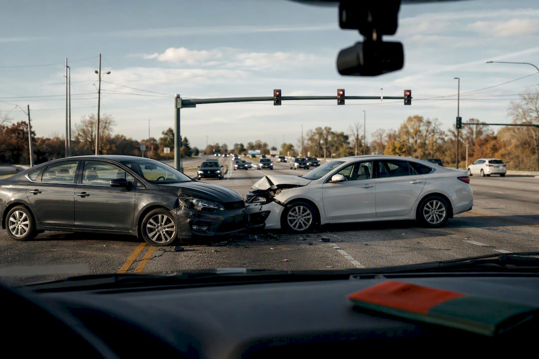 Dashcam view documenting a traffic intersection