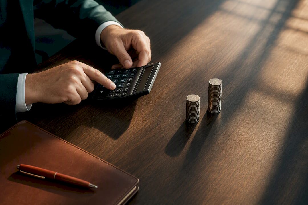 Calculator and coin stacks illustrating legal fees