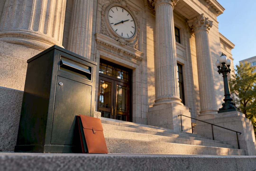 Courthouse entrance with deadline clock