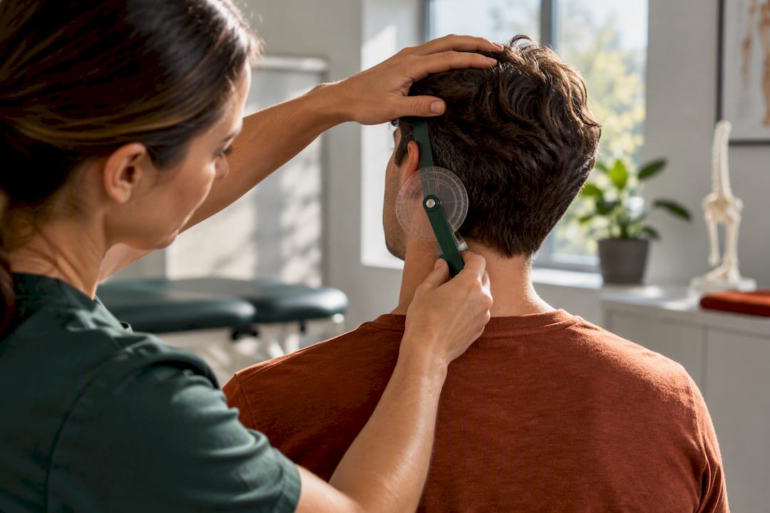 Clinician measuring cervical range of motion