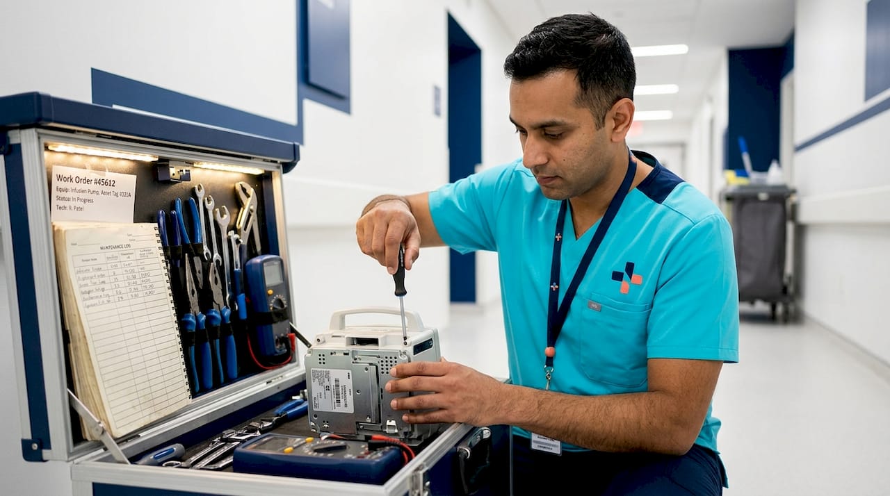Technician repairs hospital device on hallway cart