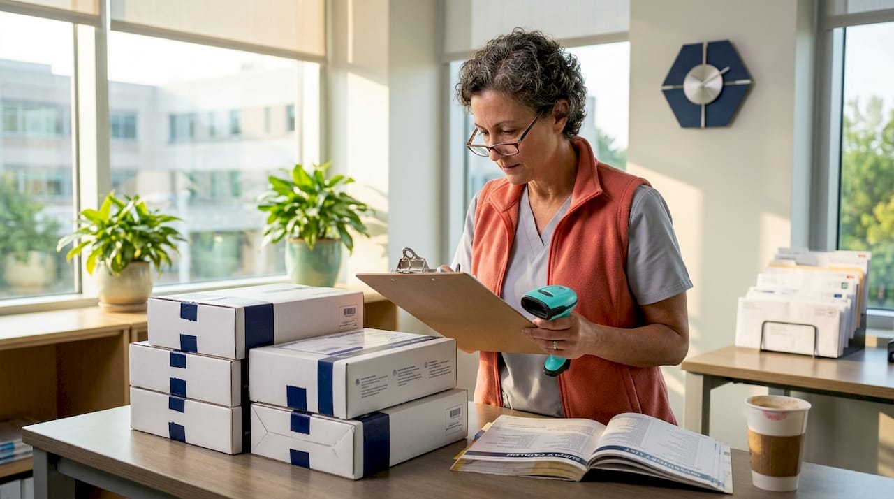 Procurement manager compares boxes with shipment manifest
