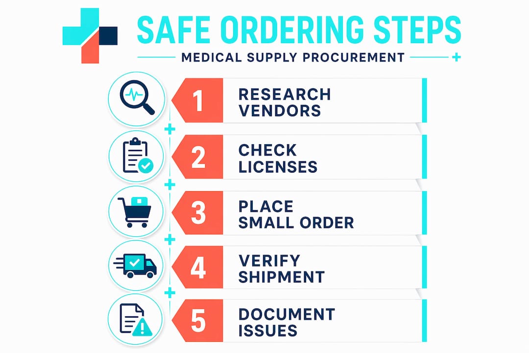 Infographic showing safe medical supplies ordering steps