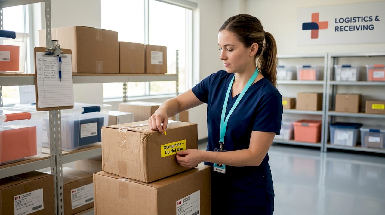 Coordinator labeling medical shipment for quarantine
