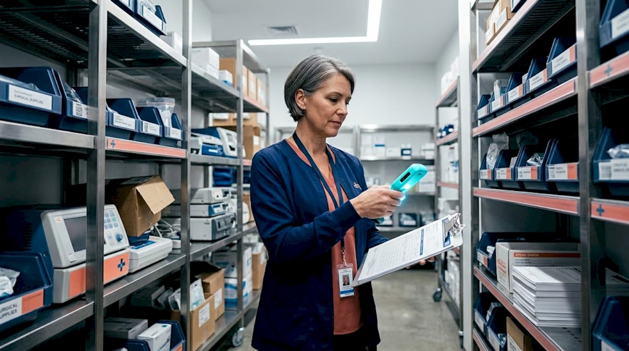 Manager checks consigned equipment shelves in storeroom
