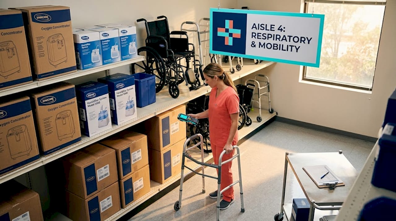 Medical storeroom stocked with equipment and supplies