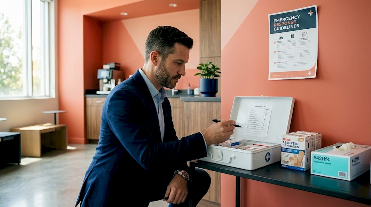 Office manager checking first aid kit supplies