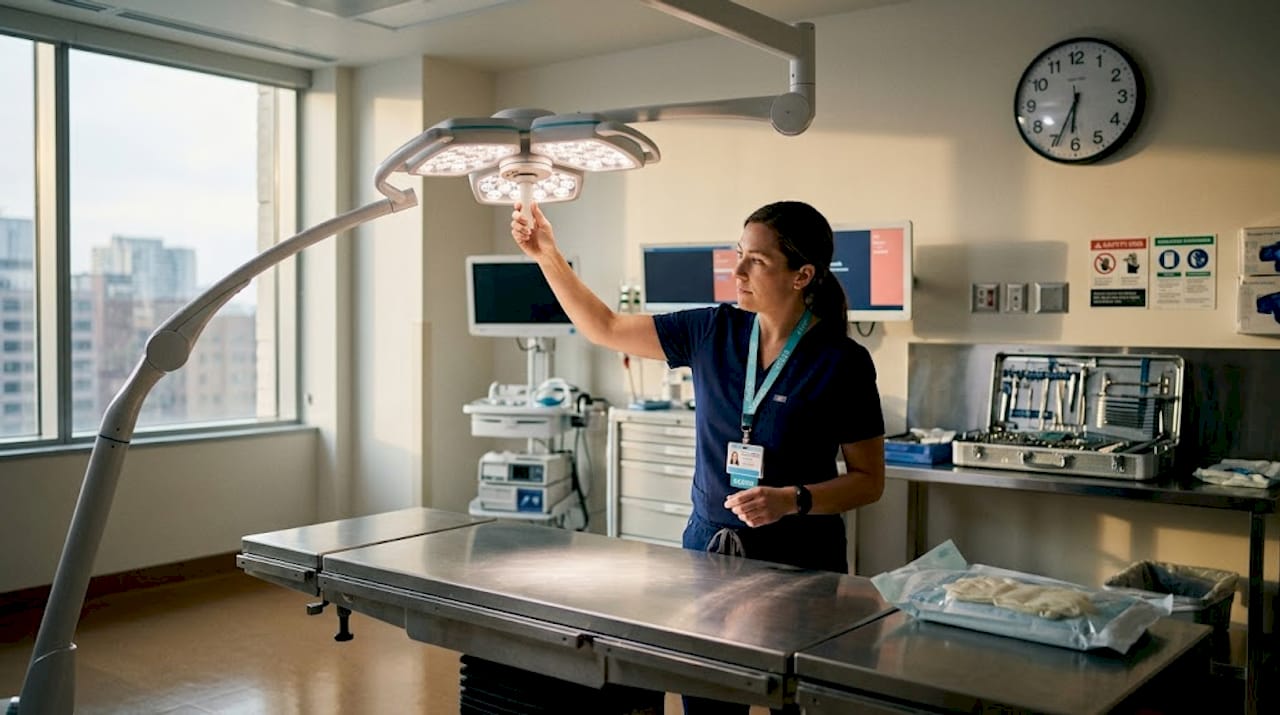 Surgical nurse adjusting operating room lamp