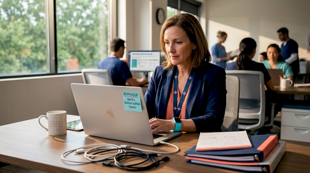 Compliance officer reviews patient data in clinic
