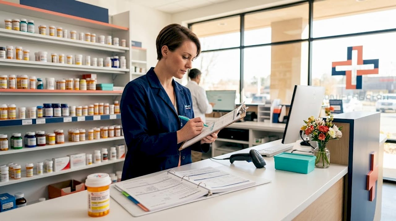 Pharmacist reviewing compliance in pharmacy workspace