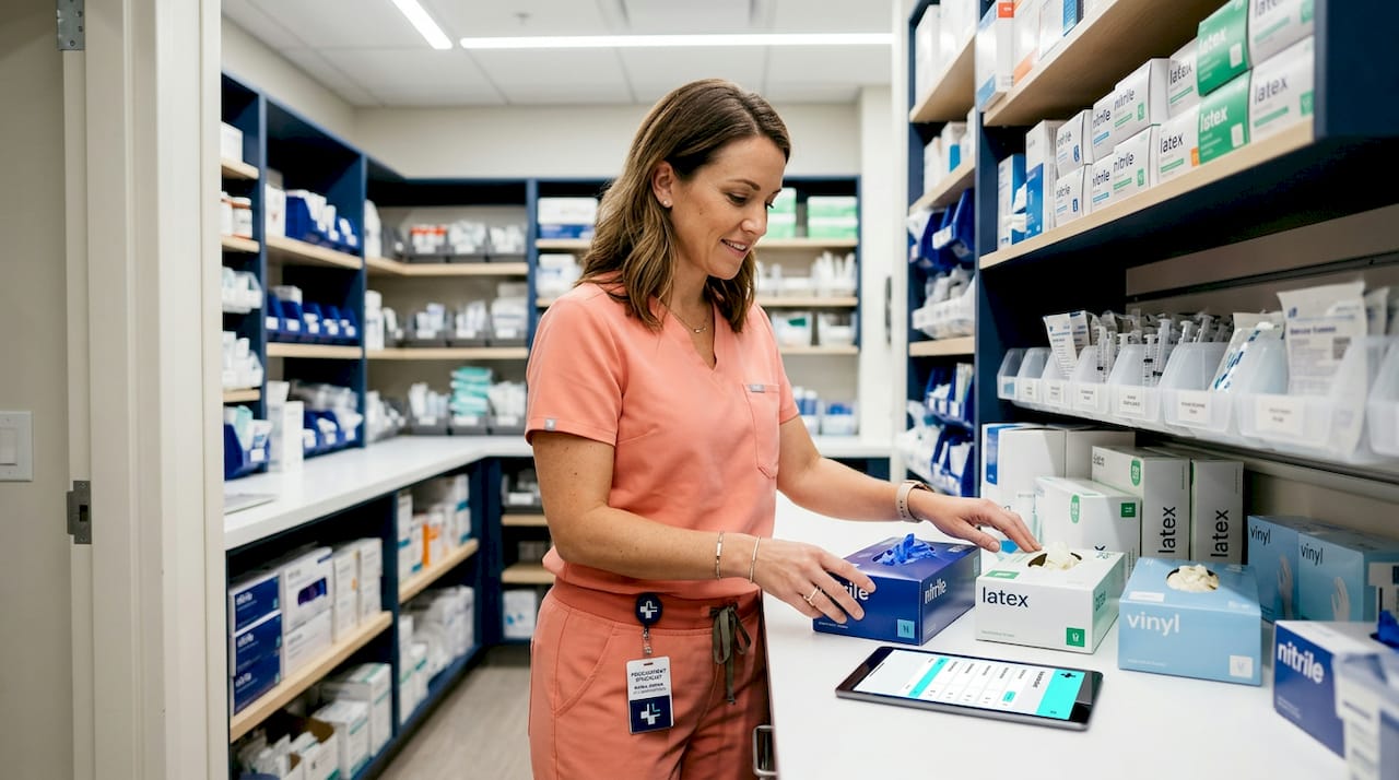 Woman sorting various medical gloves in hospital supply room